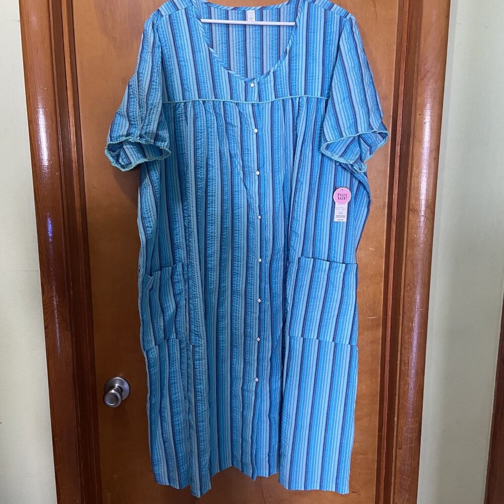NWT ~ KMart ~ Pink K ~ House Dress / Duster ~ Pearl Snap ~ Blue Stripe ~ Size 3X